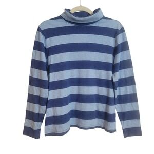 LL Bean Women Blue Striped Mock Neck Long Sleeve Cotton Top Size Large Nautical